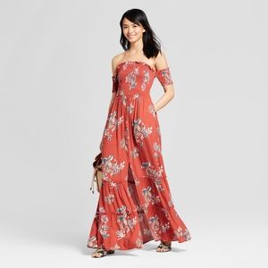 Boho Off-Shoulder Floral Smock Maxi Dress